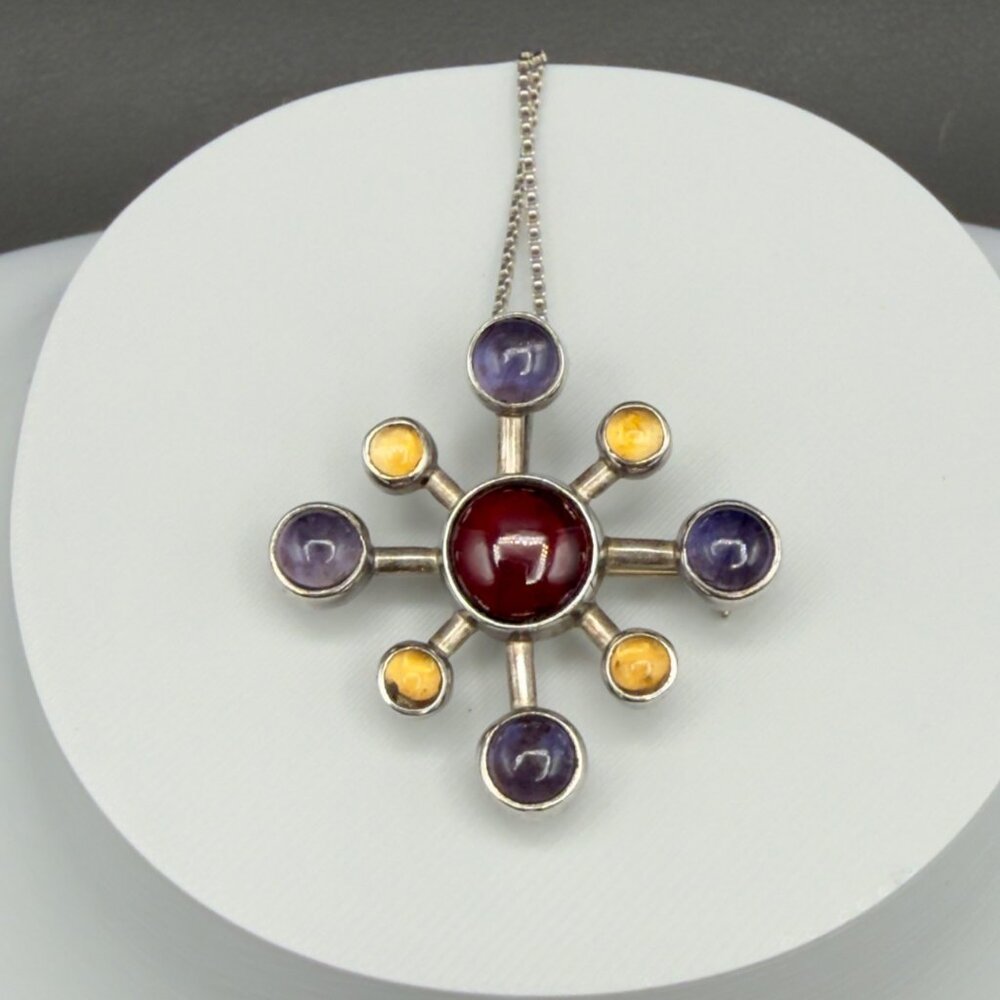 Vintage Sterling Silver Atomic Garnet Amethyst Citrine Brooch Pendant Necklace